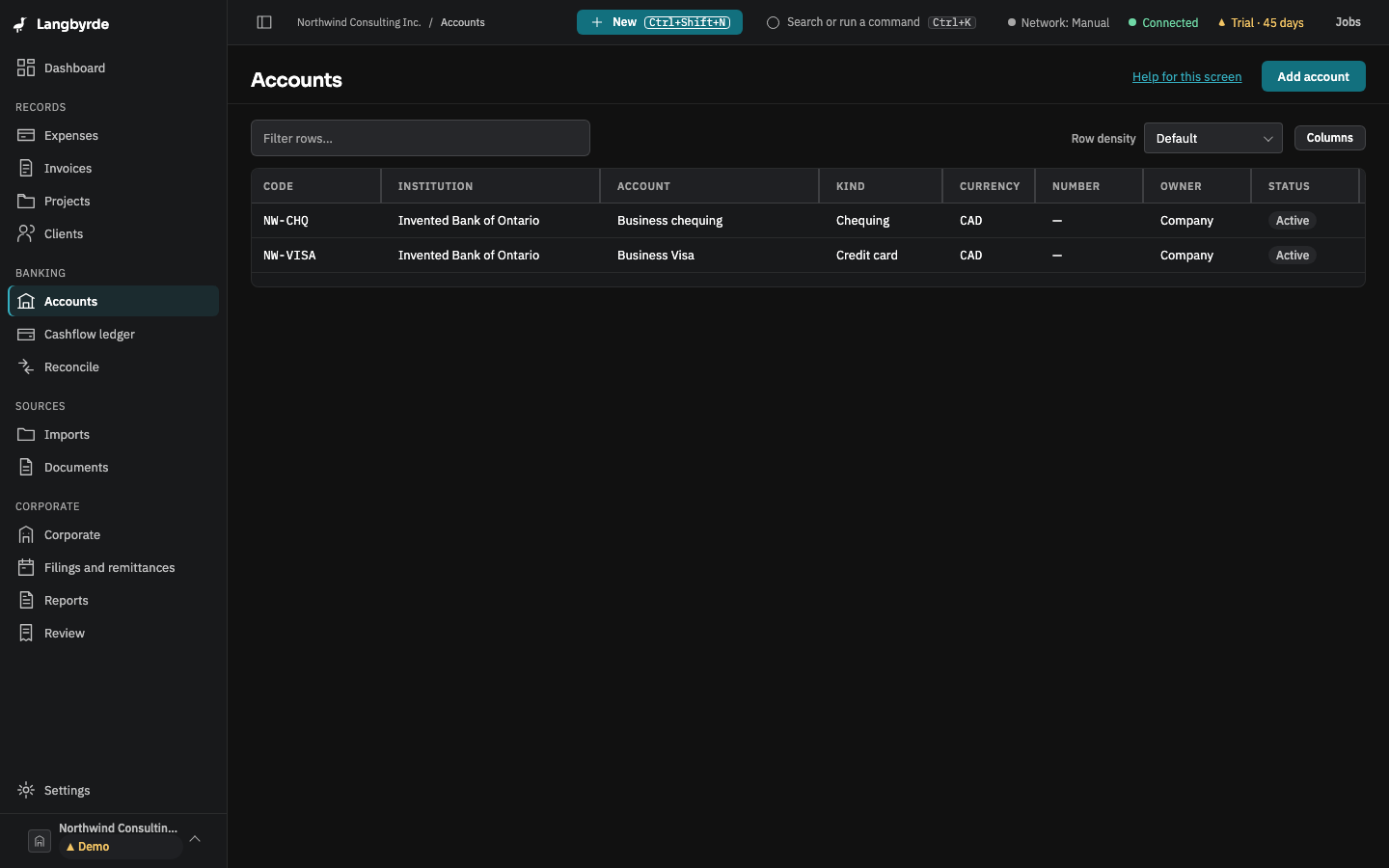 Accounts list, seeded demo company