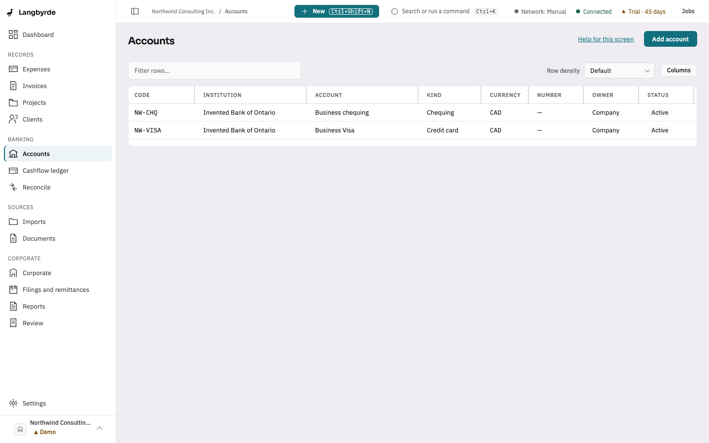 Accounts list, seeded demo company