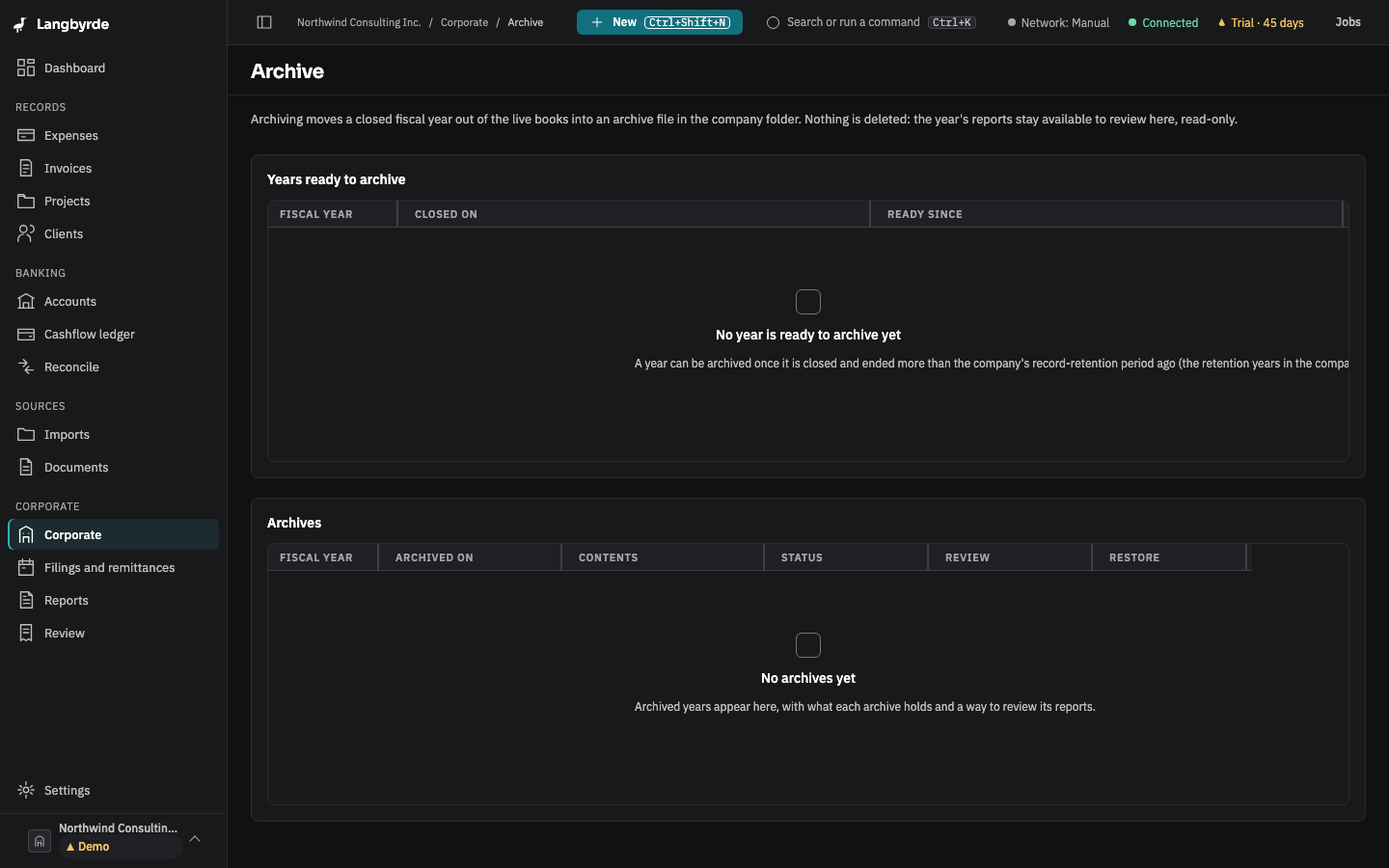 The Archive screen, listing the fiscal years that can be archived or are already archived