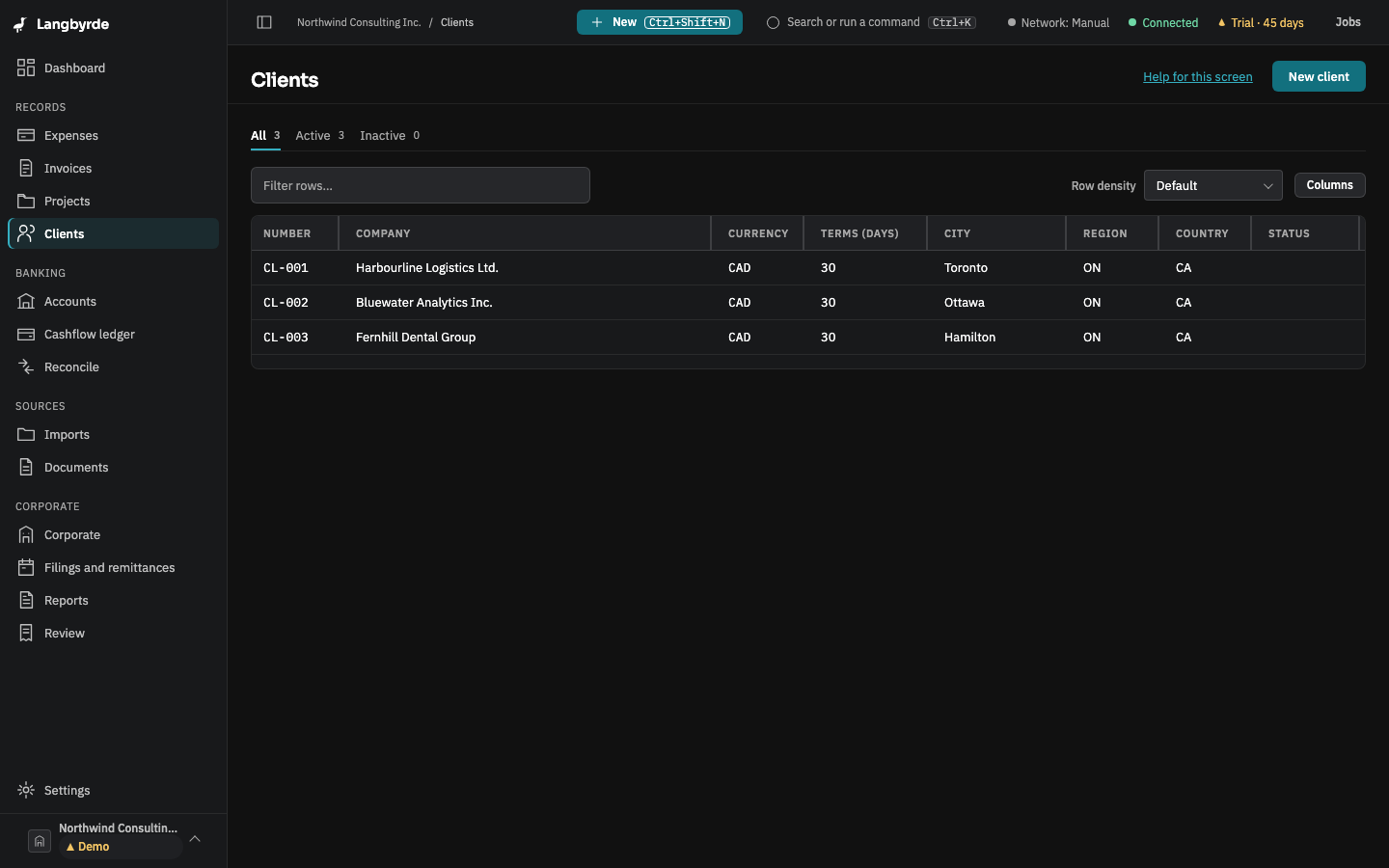 The client list of the demo company, with the All, Active and Inactive tabs and New client at the top right