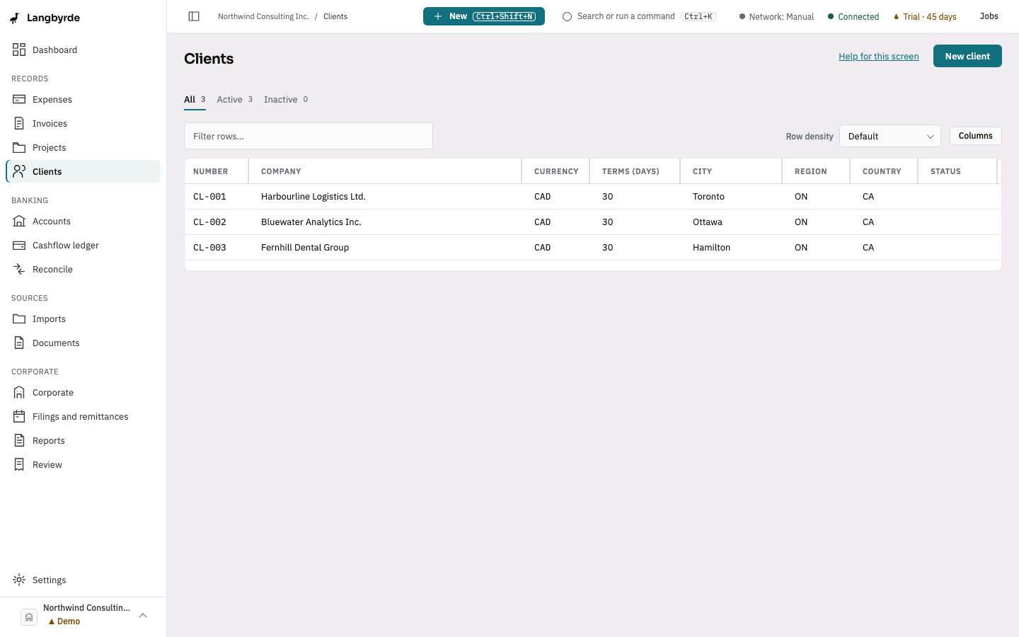 The client list of the demo company, with the All, Active and Inactive tabs and New client at the top right