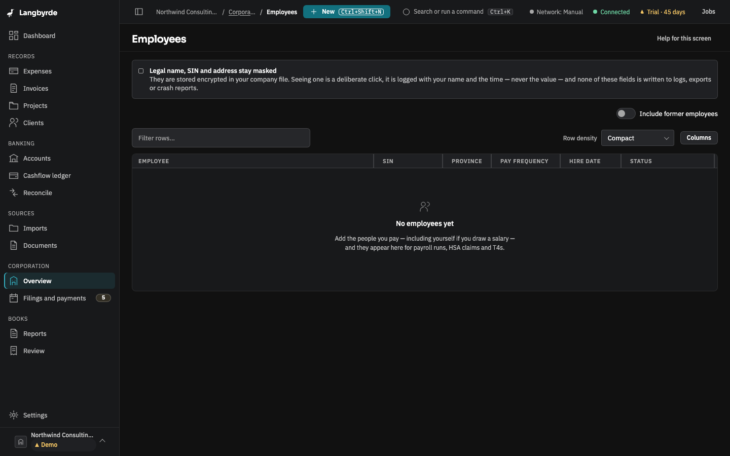 Employees: the masked-fields notice, Include former employees and the list, empty in the demo company