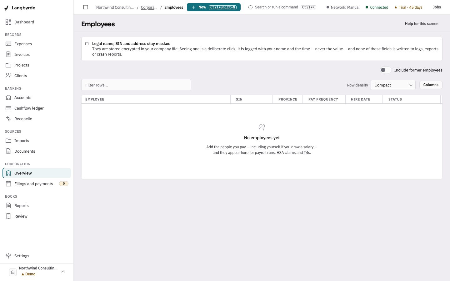 Employees: the masked-fields notice, Include former employees and the list, empty in the demo company