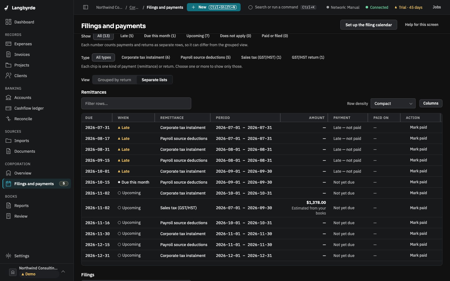 Filings and payments