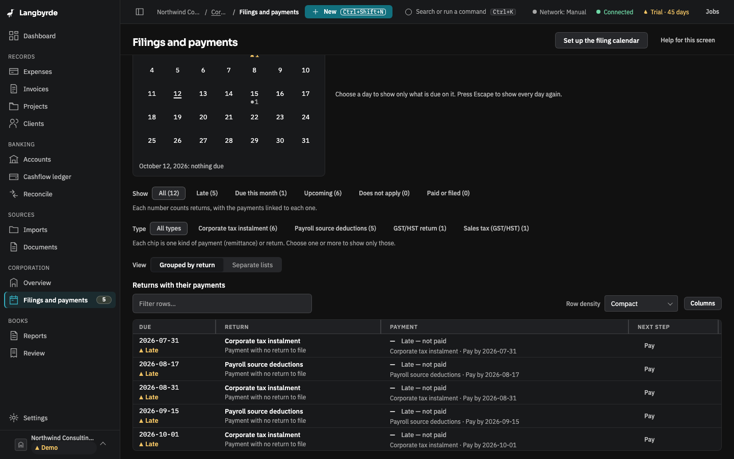 Filings and payments, grouped by return: each row with its due date, payment and next step