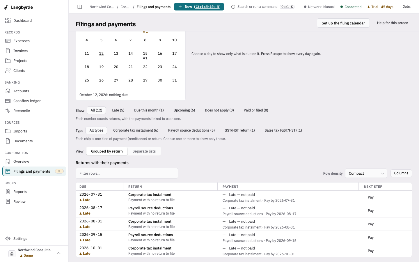 Filings and payments, grouped by return: each row with its due date, payment and next step