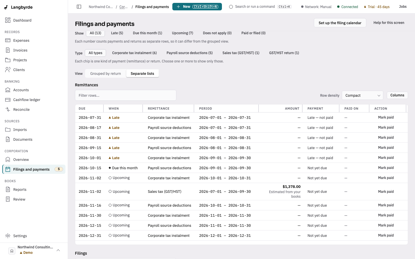 Filings and payments