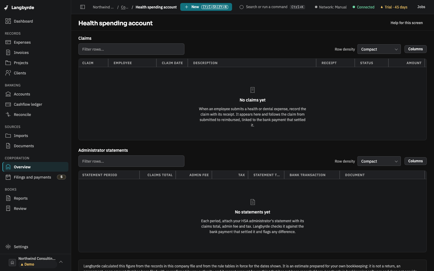 Health spending account: Claims and Administrator statements, empty in the demo company