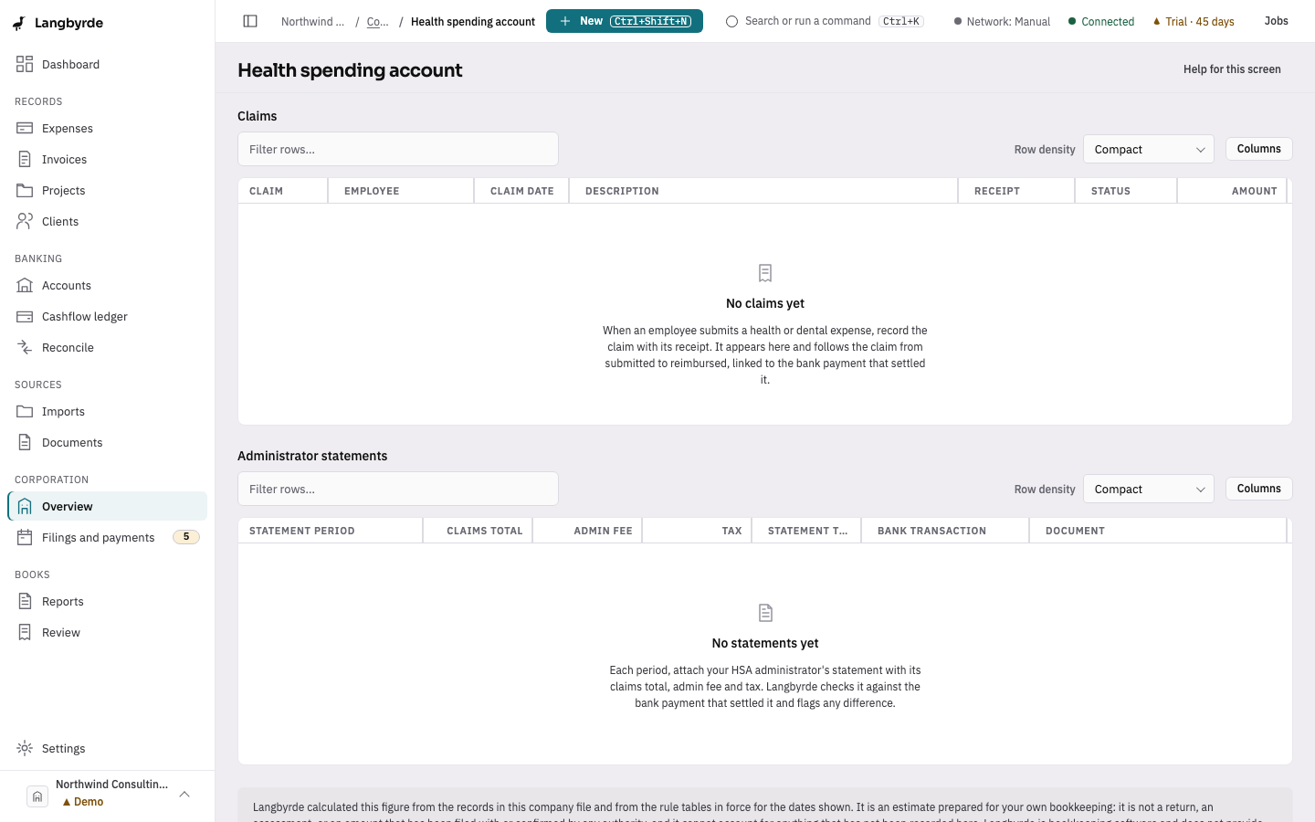 Health spending account: Claims and Administrator statements, empty in the demo company