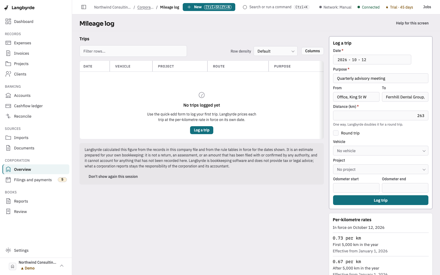 Mileage log: a trip typed into Log a trip, beside the per-kilometre rates