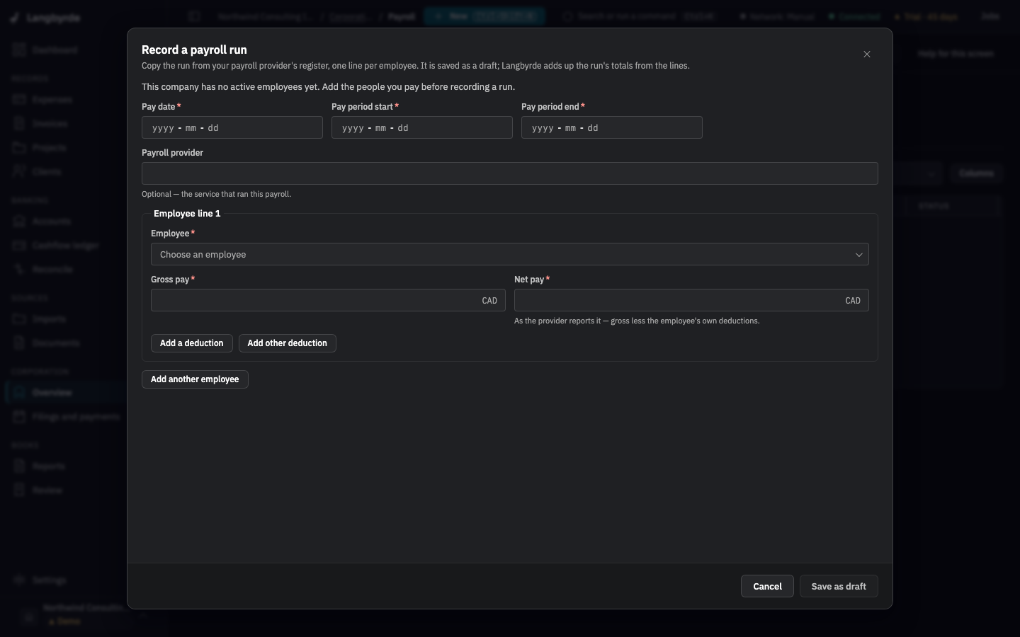 Record a payroll run: pay date, pay period, provider and one employee line