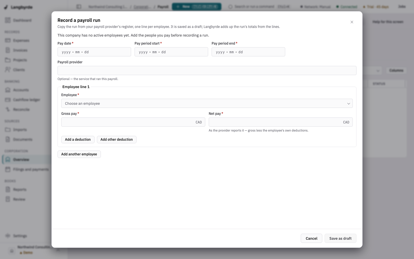 Record a payroll run: pay date, pay period, provider and one employee line