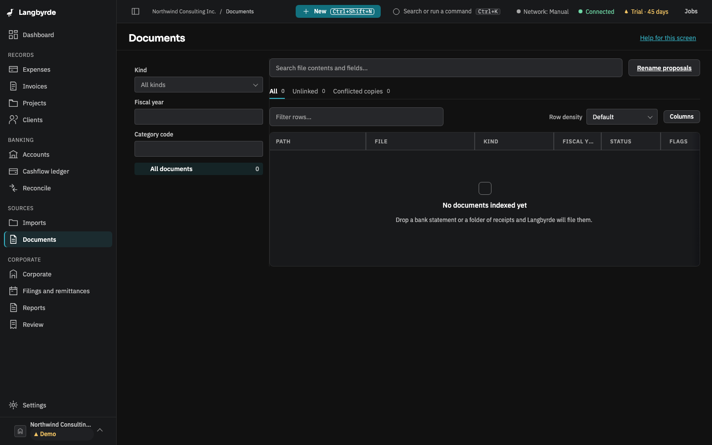 The Documents screen: the filters on the left and the documents filed in the Company Folder