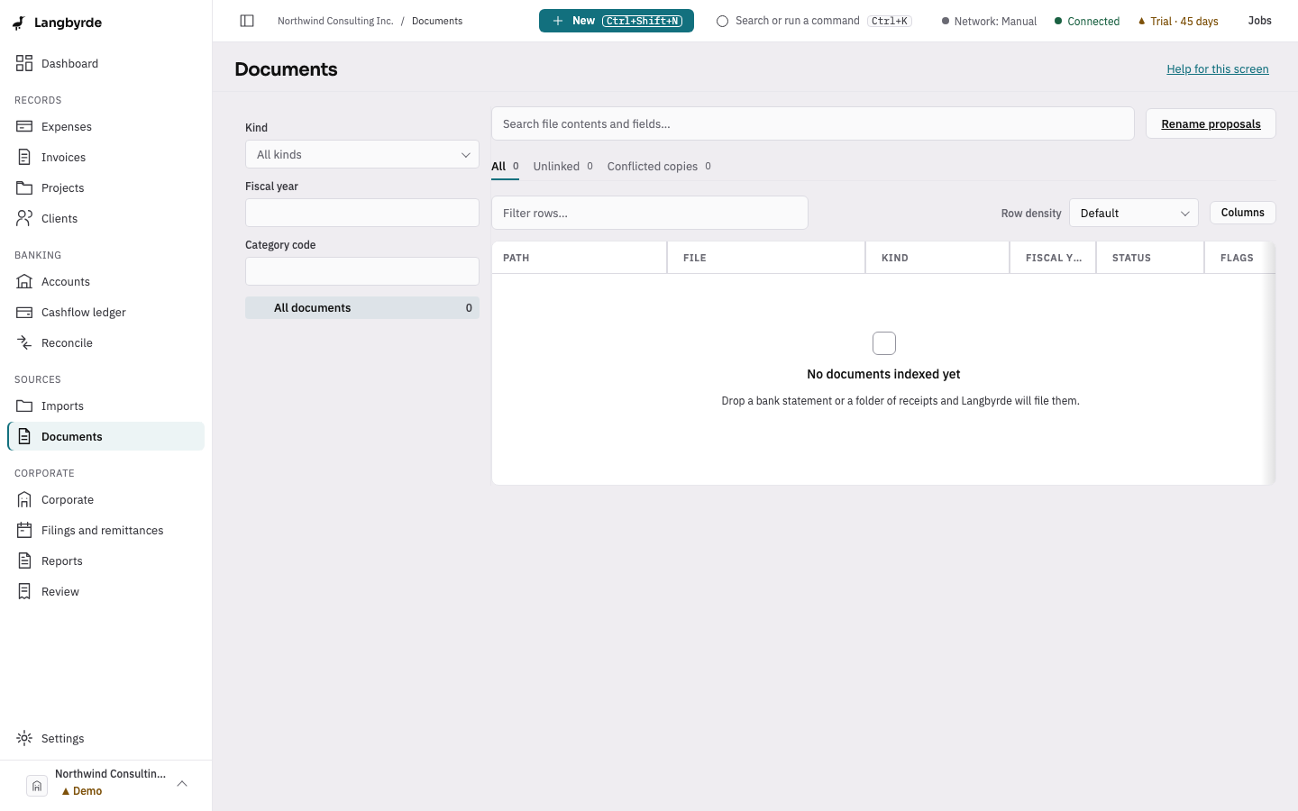 The Documents screen: the filters on the left and the documents filed in the Company Folder