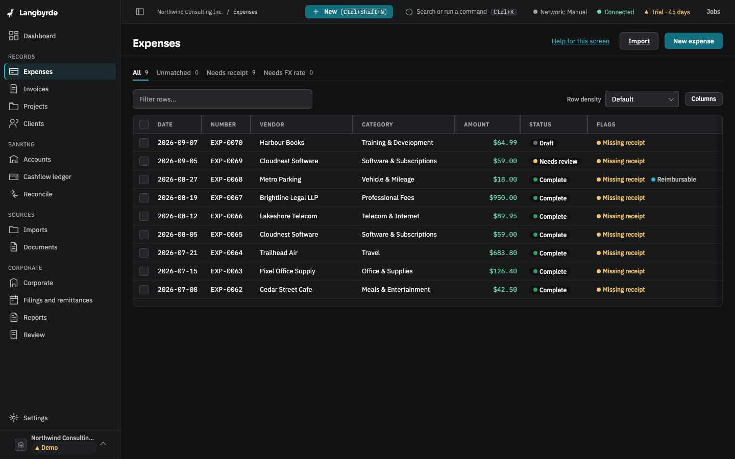 Expense register, seeded demo company