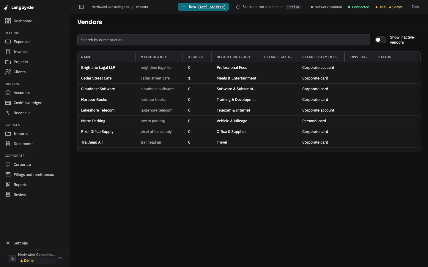 The Vendors screen: each vendor with its default category, tax code and payment source