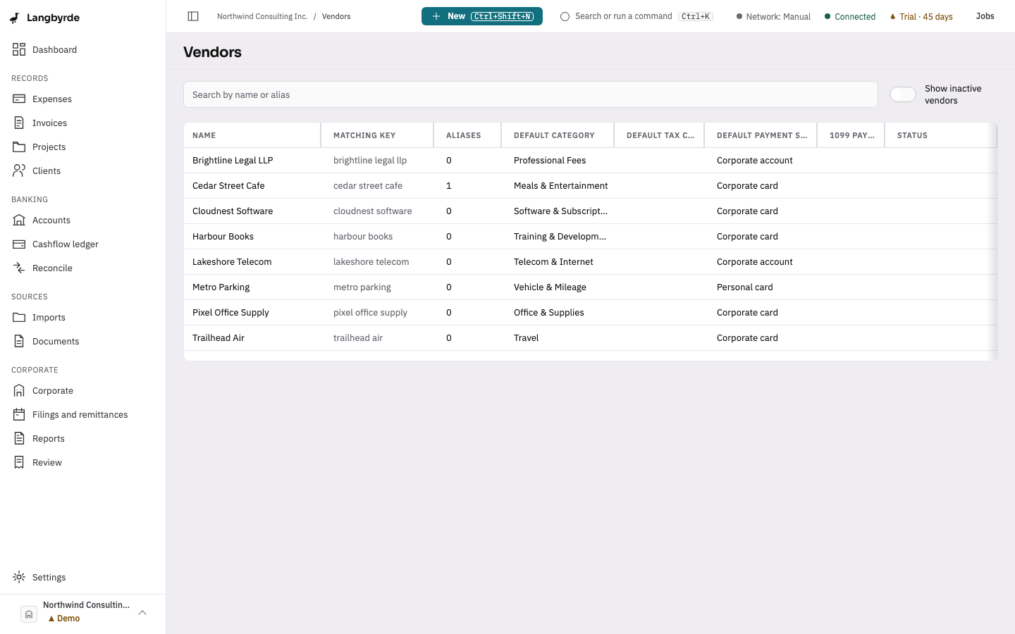 The Vendors screen: each vendor with its default category, tax code and payment source