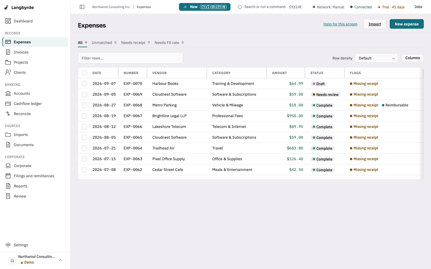 Expense register, seeded demo company