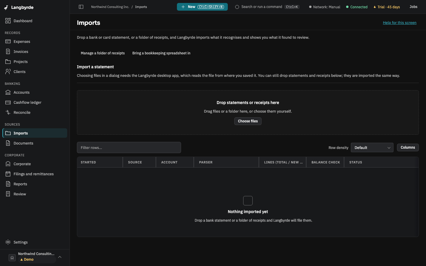 The Imports screen, with its drop zone and the list of imports