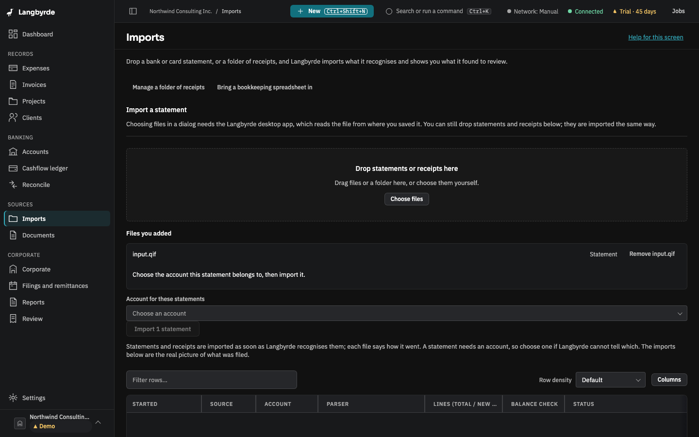 A statement dropped on the Imports screen, waiting for its account