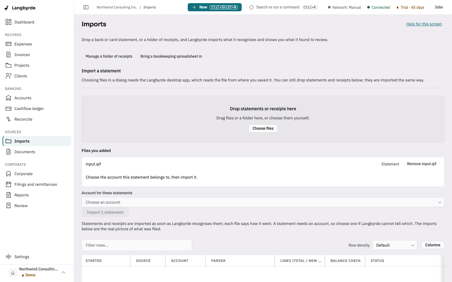 A statement dropped on the Imports screen, waiting for its account