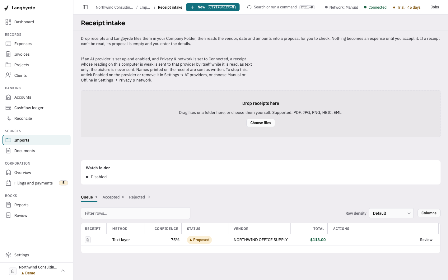 Receipt intake: the notice about AI providers, the drop zone and a receipt read from its own text in the Queue