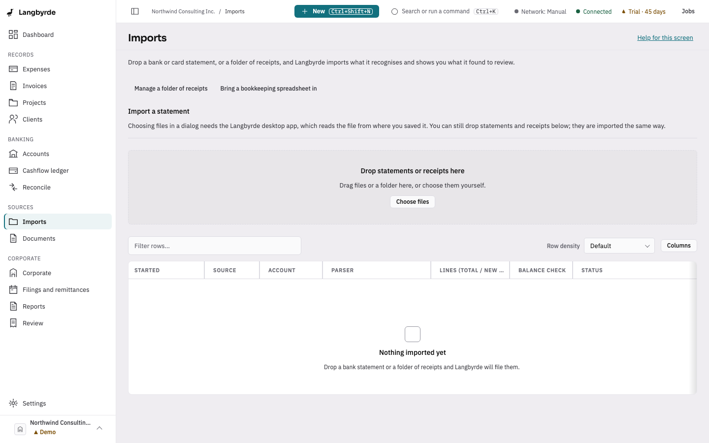 The Imports screen, with its drop zone and the list of imports