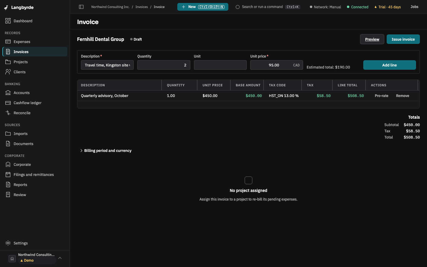 The invoice builder with a line entered