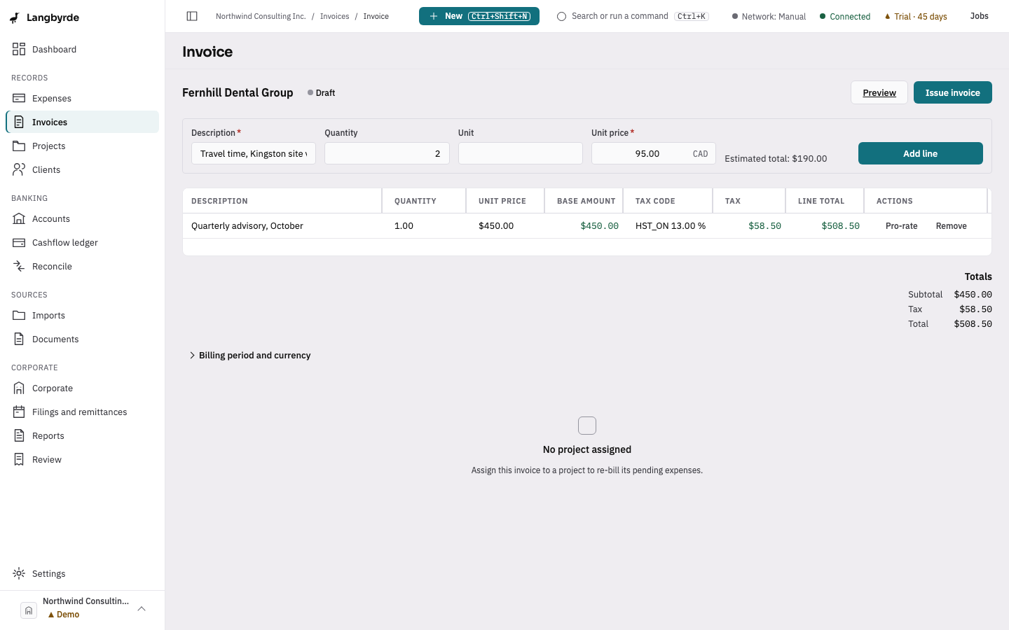 The invoice builder with a line entered