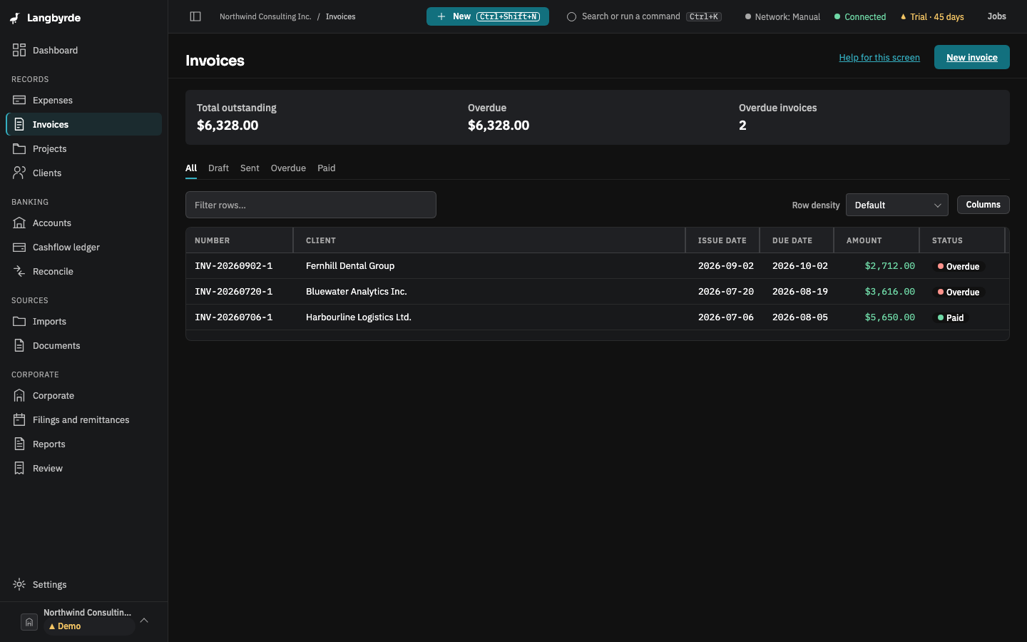 Invoice list, seeded demo company