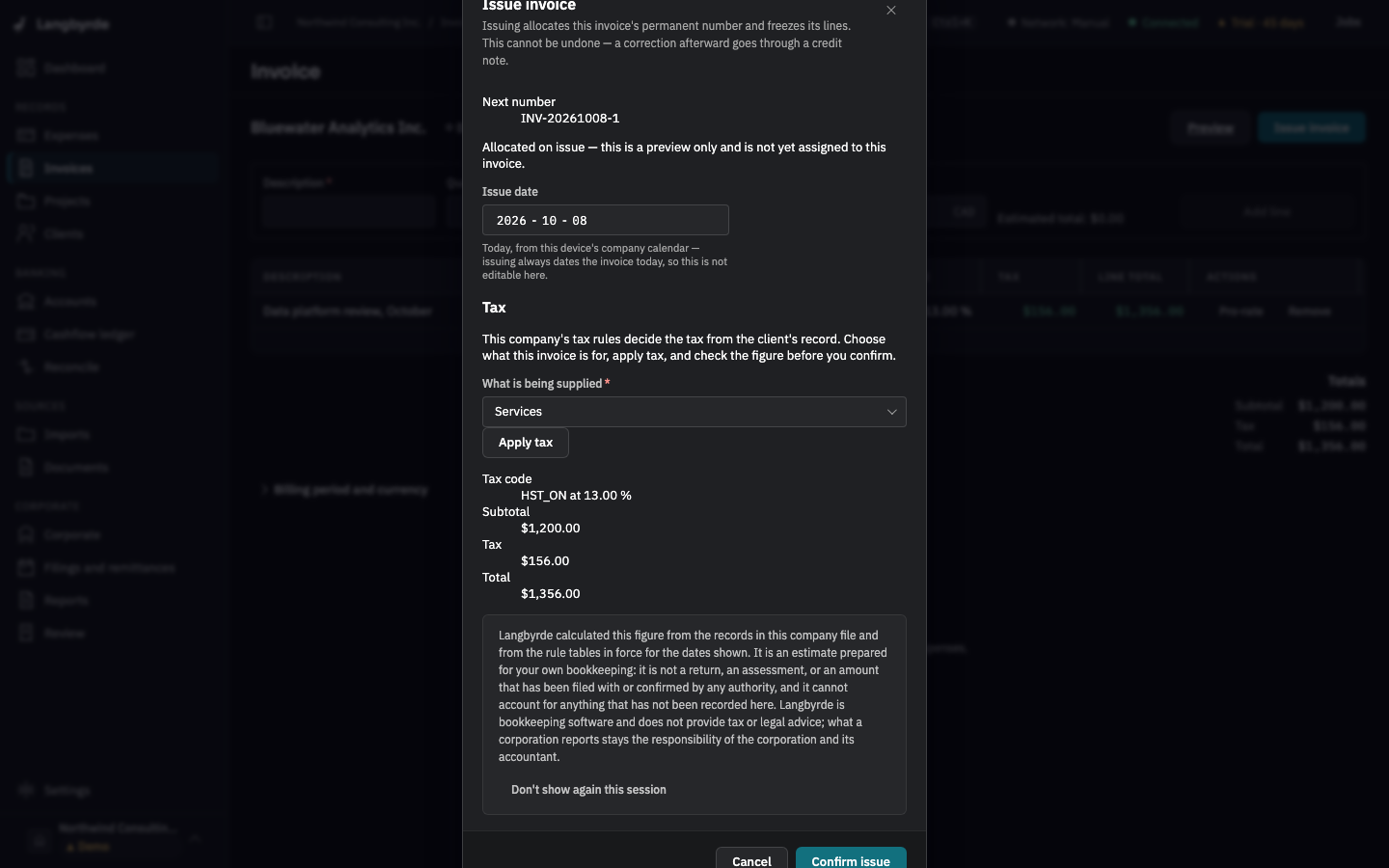 The Issue invoice dialog, with the next number and the tax already applied