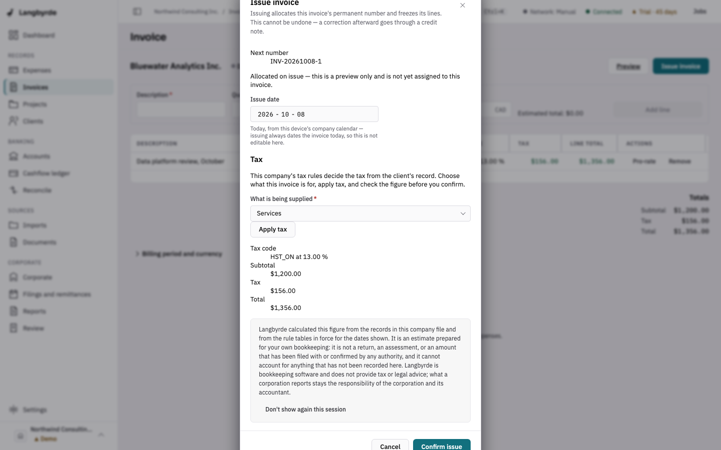 The Issue invoice dialog, with the next number and the tax already applied