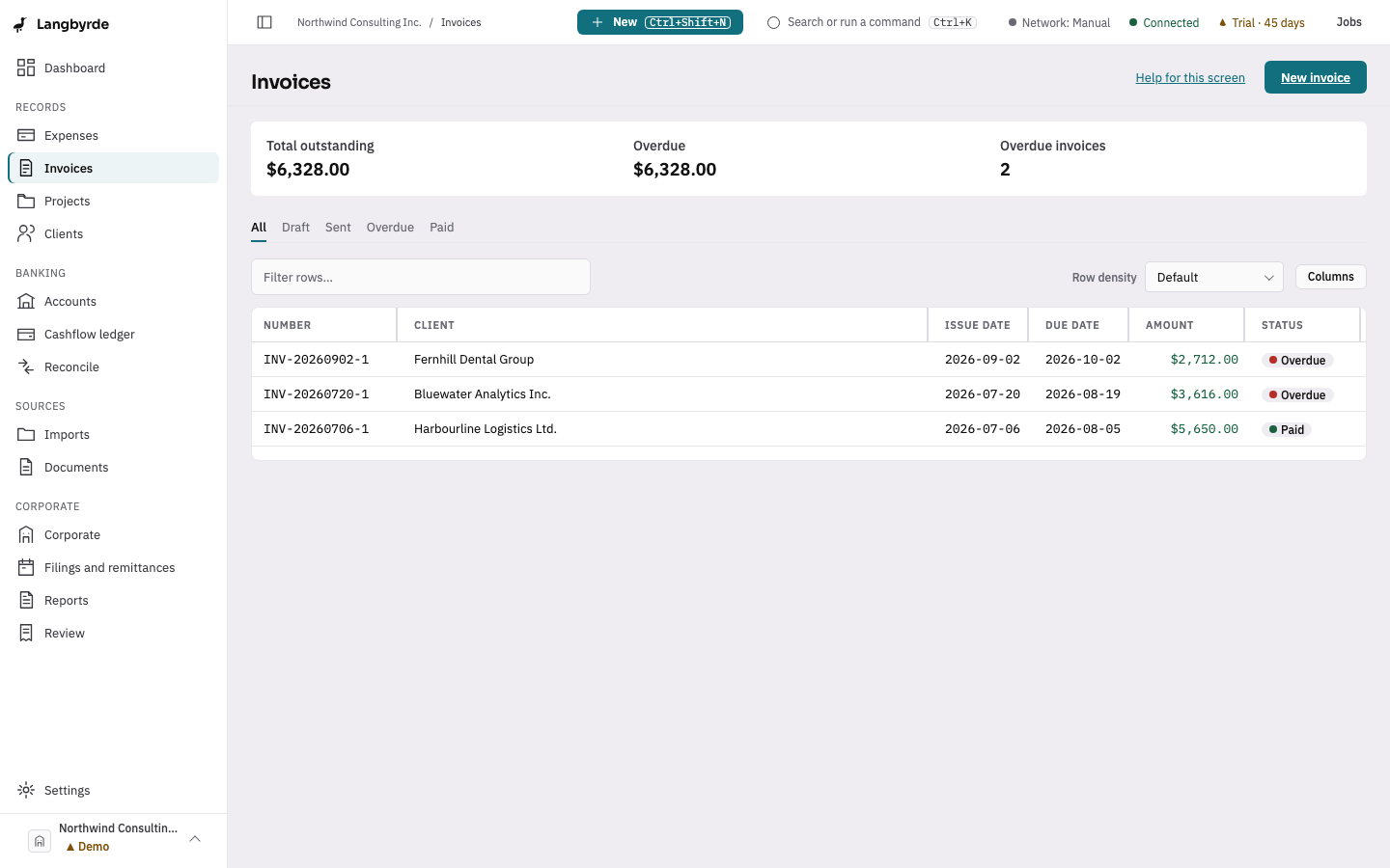 Invoice list, seeded demo company