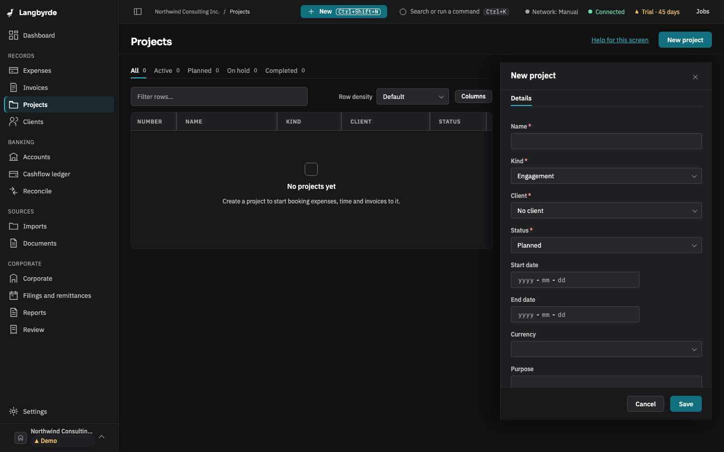 The new-project form, with the client, the kind of project, its dates and its billing rates