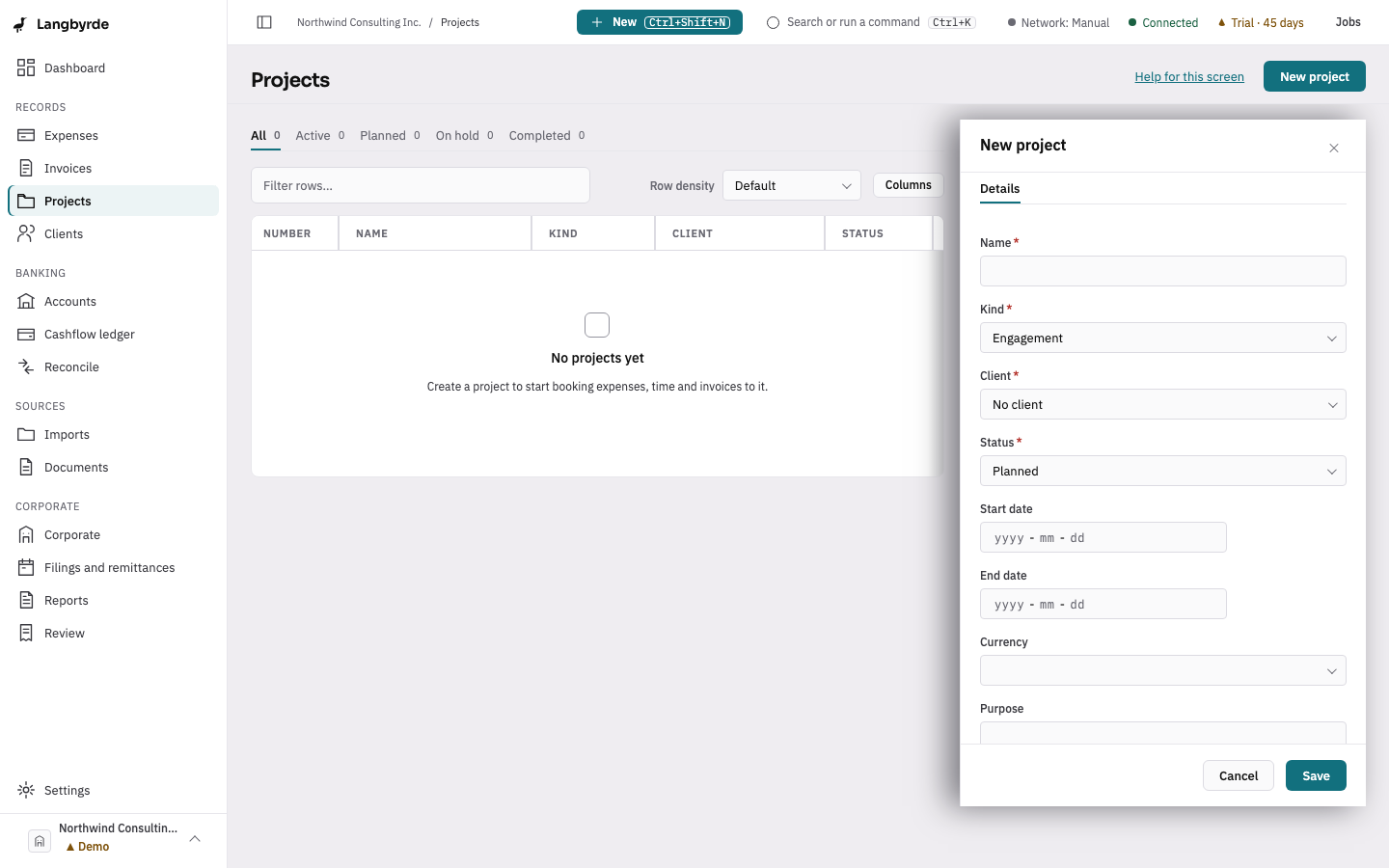 The new-project form, with the client, the kind of project, its dates and its billing rates