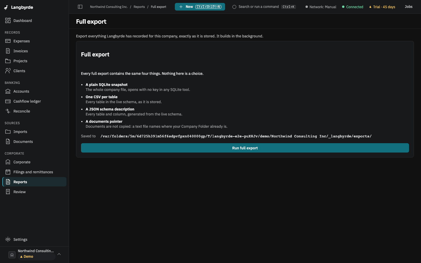 The full export screen, ready to write a complete copy of the company to its folder