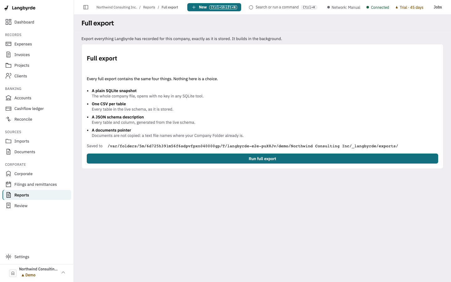 The full export screen, ready to write a complete copy of the company to its folder