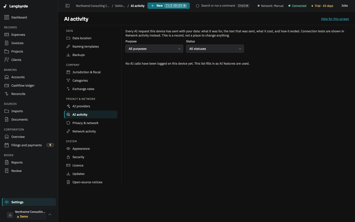 AI activity: the record of AI calls with its Purpose and Status filters; no call has been made in the demo company