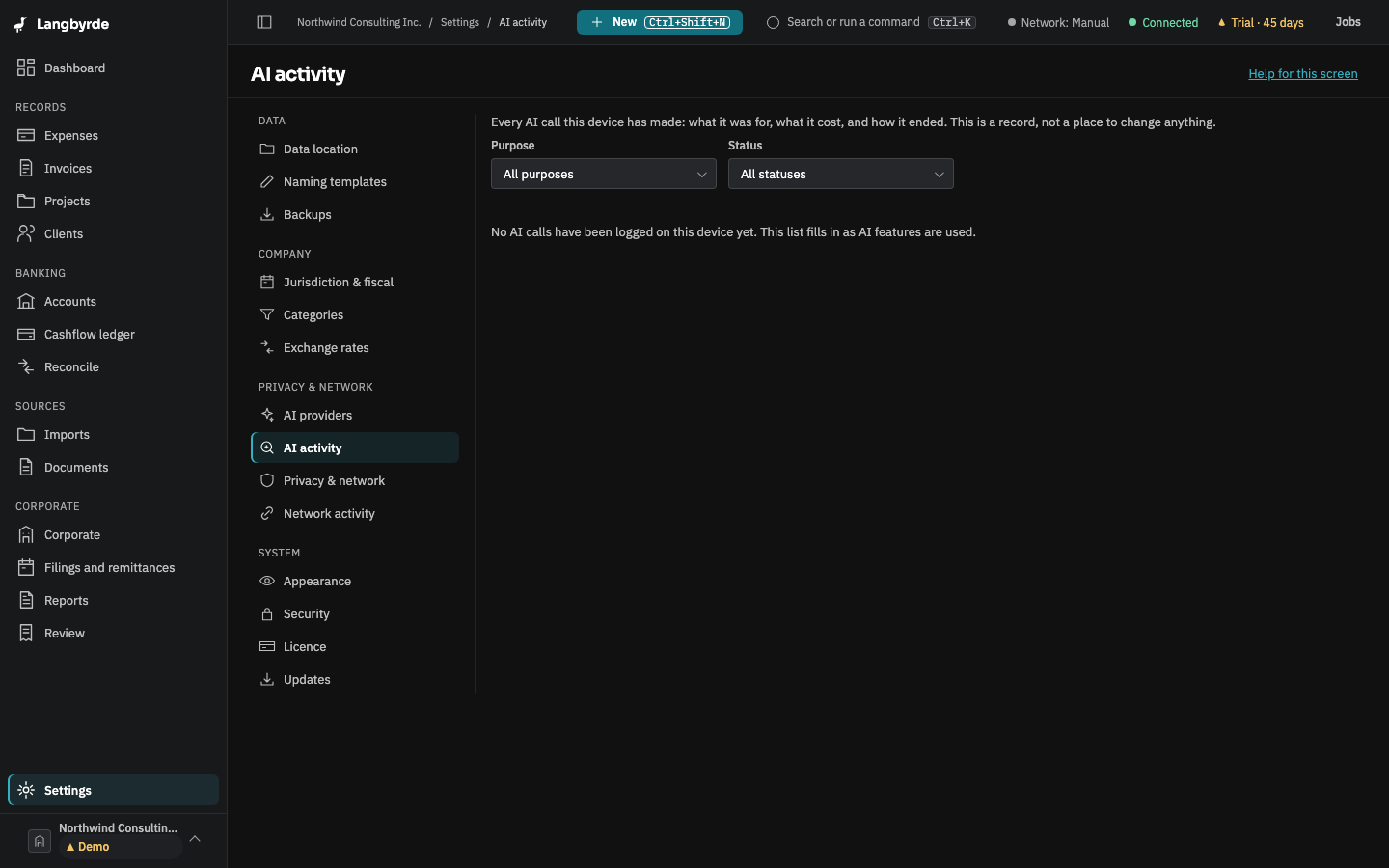 AI activity: the record of AI calls, with filters by purpose and status