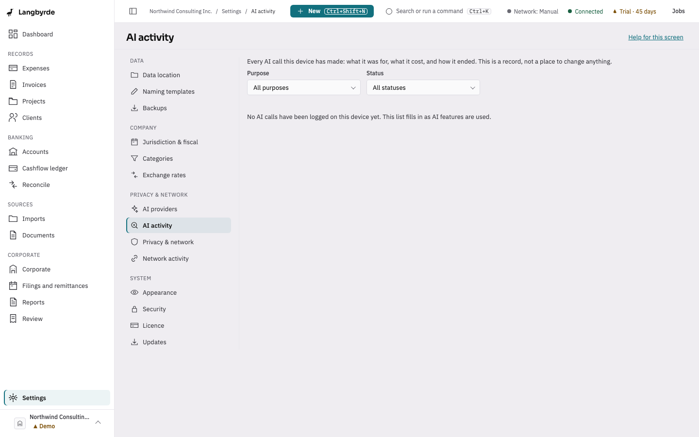 AI activity: the record of AI calls, with filters by purpose and status