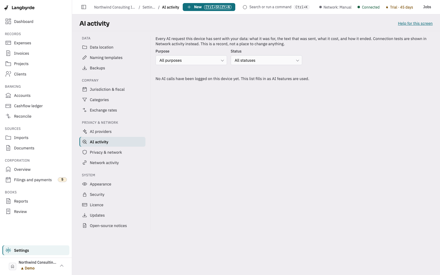 AI activity: the record of AI calls with its Purpose and Status filters; no call has been made in the demo company