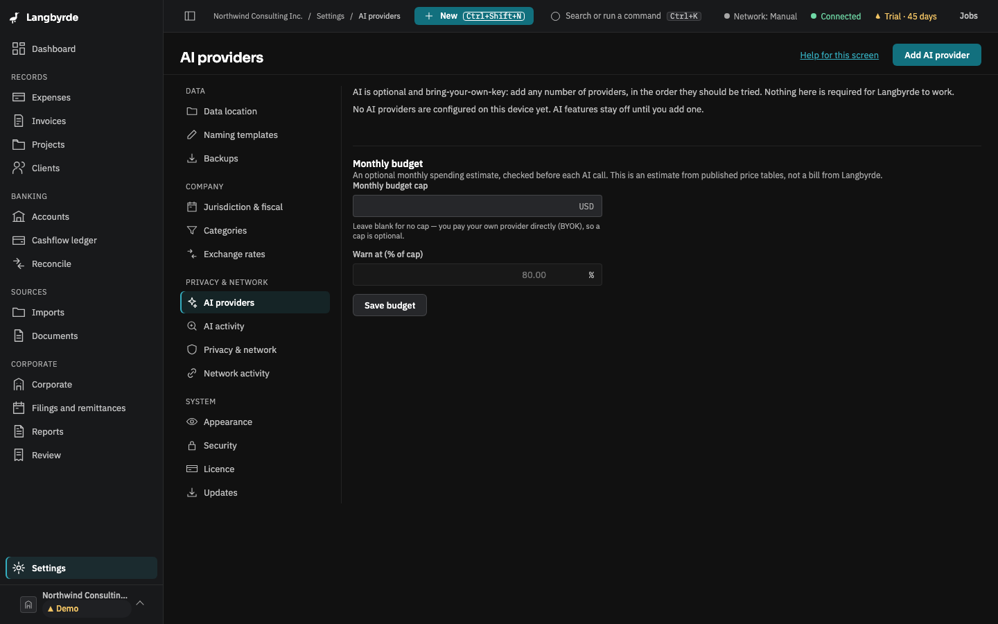 AI providers: Add AI provider, the list of providers in the order they are tried, and the monthly budget
