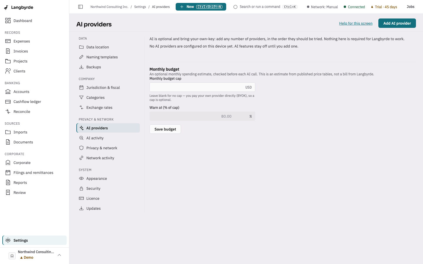 AI providers: Add AI provider, the list of providers in the order they are tried, and the monthly budget