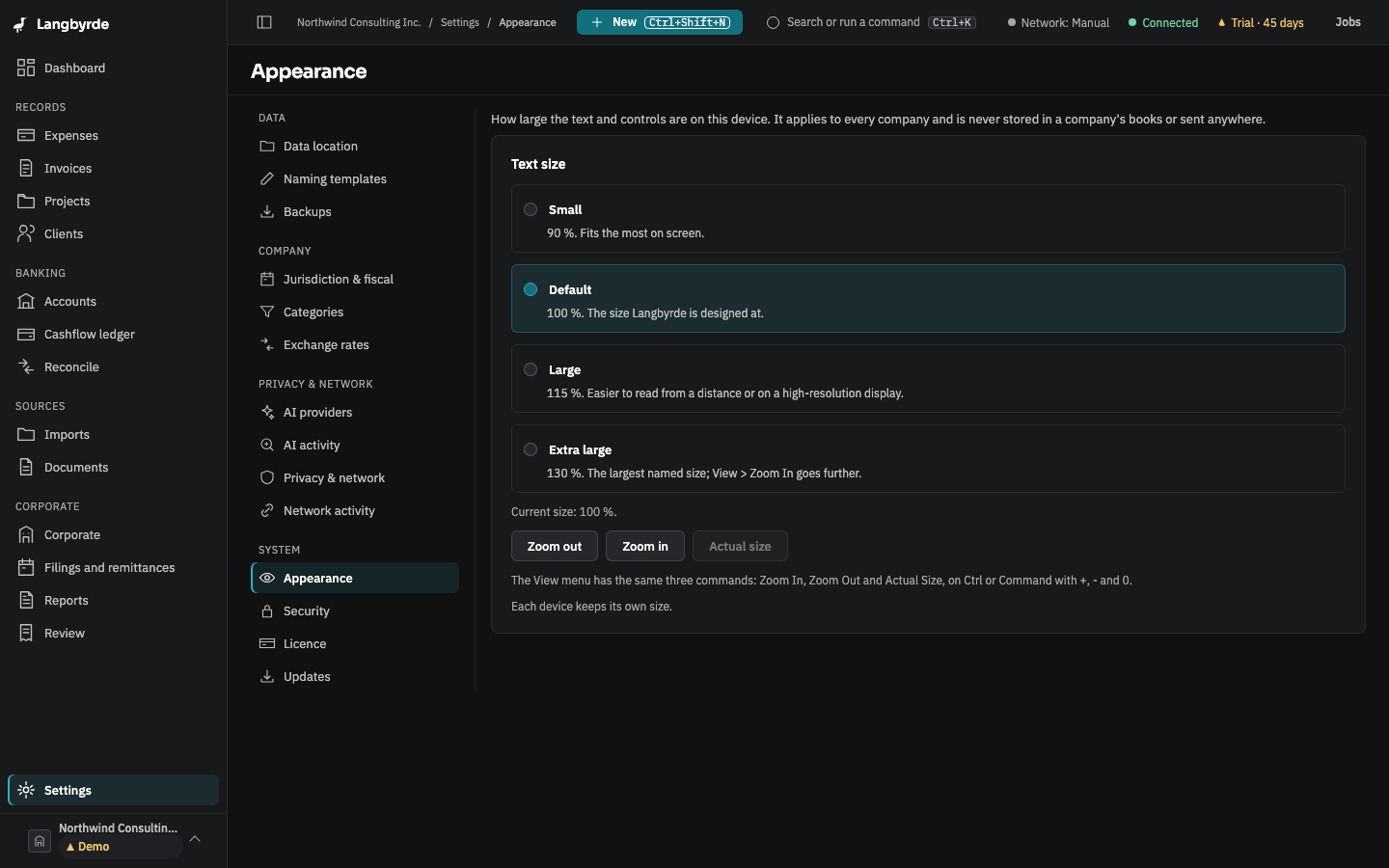 Settings, Appearance