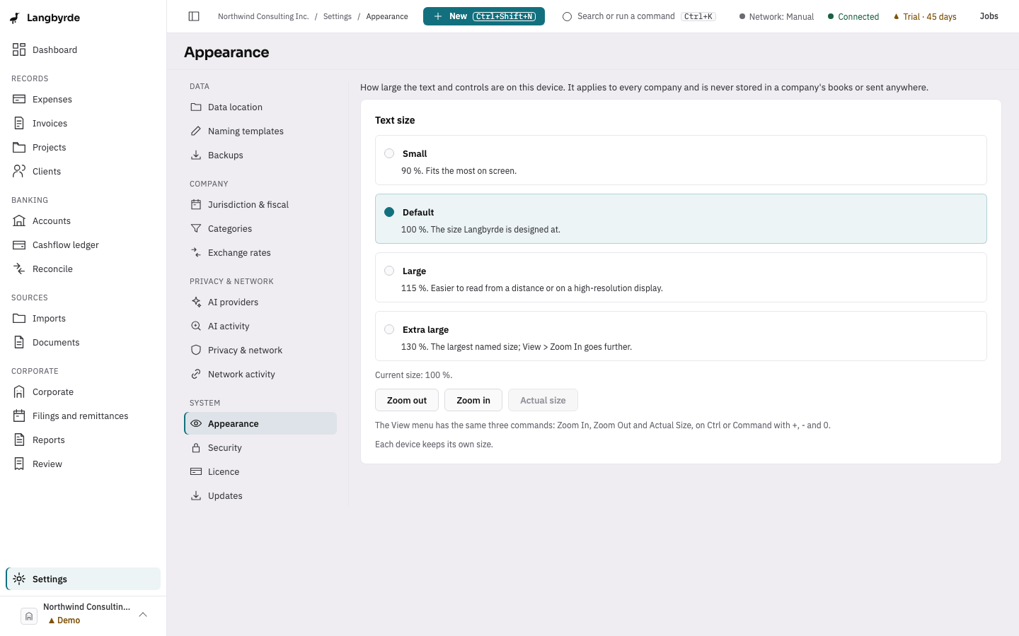 Settings, Appearance