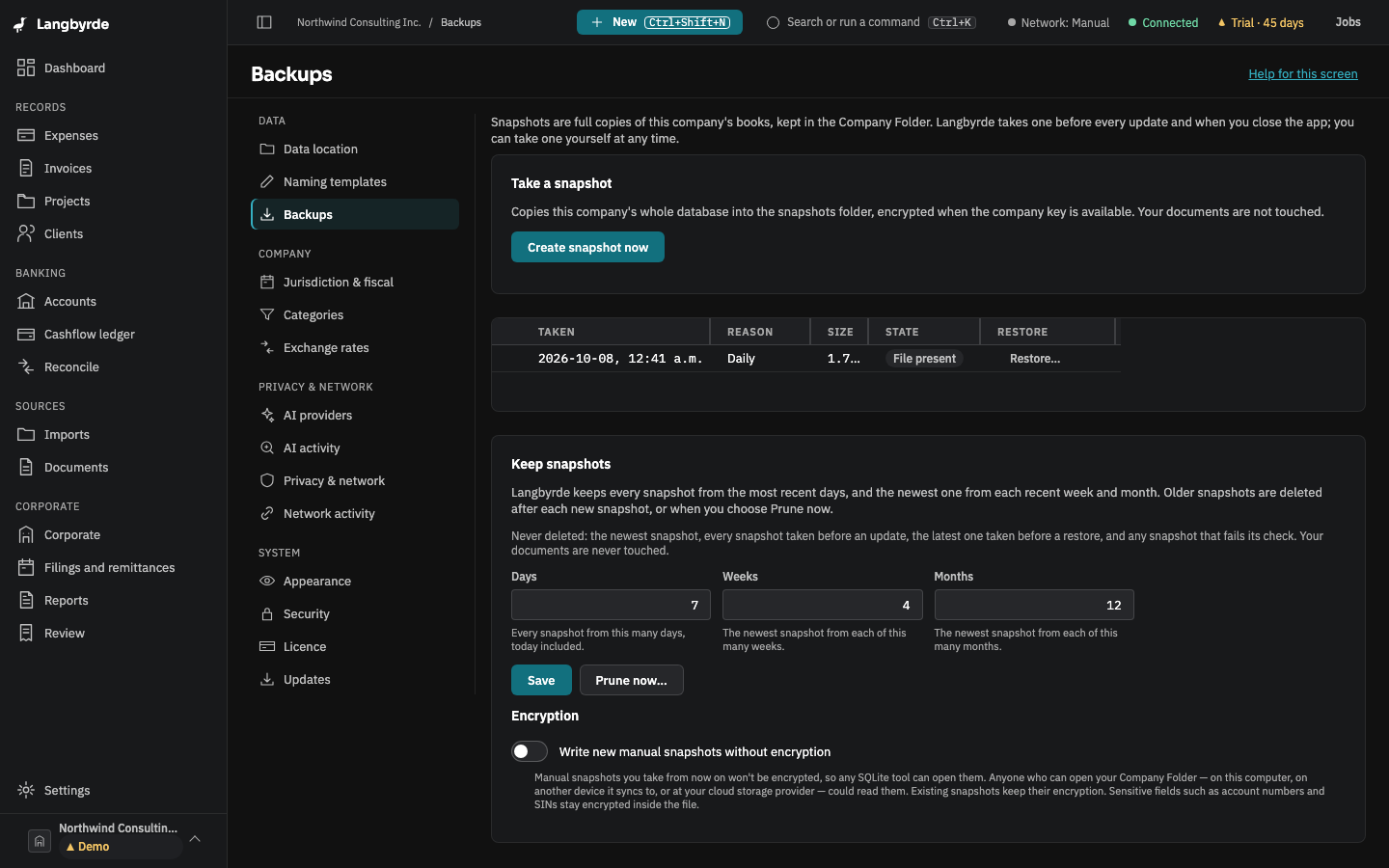 Settings, Backups
