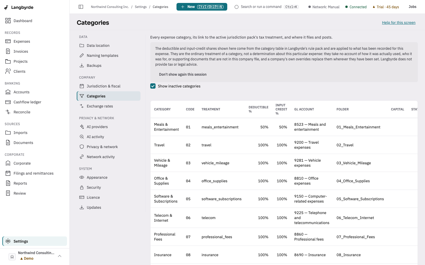 Categories: each expense category with its tax treatment, GL account and deductible and input-tax-credit shares