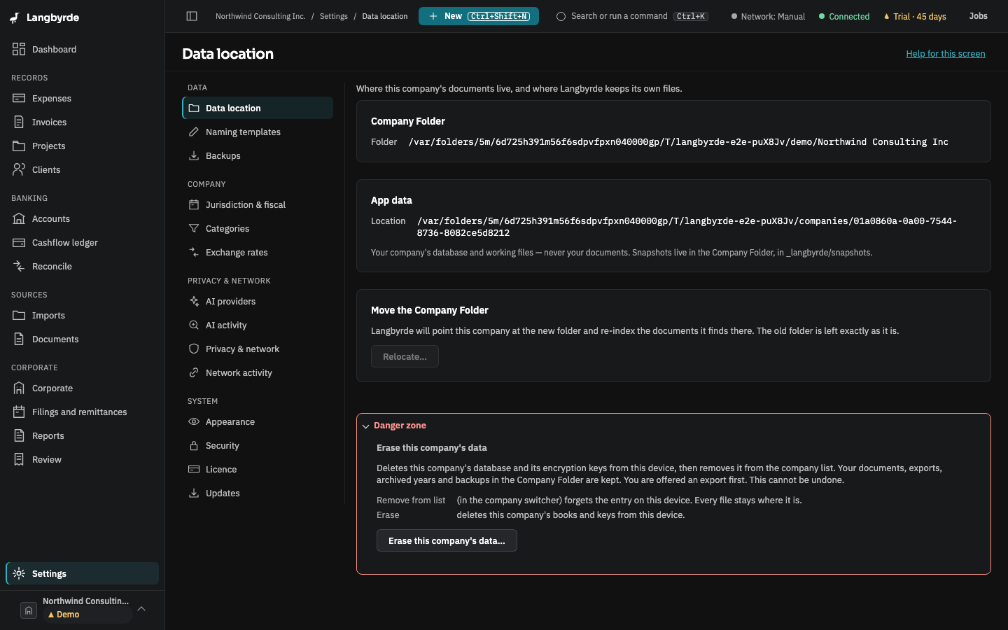 Data location: the Company Folder and app-data paths, and the Danger zone opened at the bottom