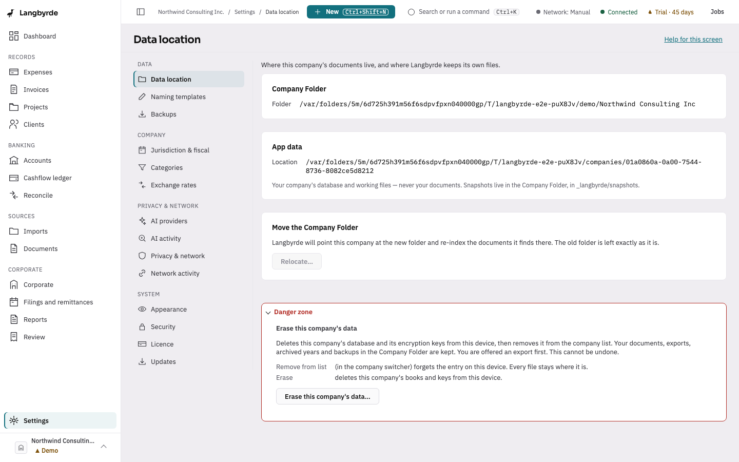 Data location: the Company Folder and app-data paths, and the Danger zone opened at the bottom