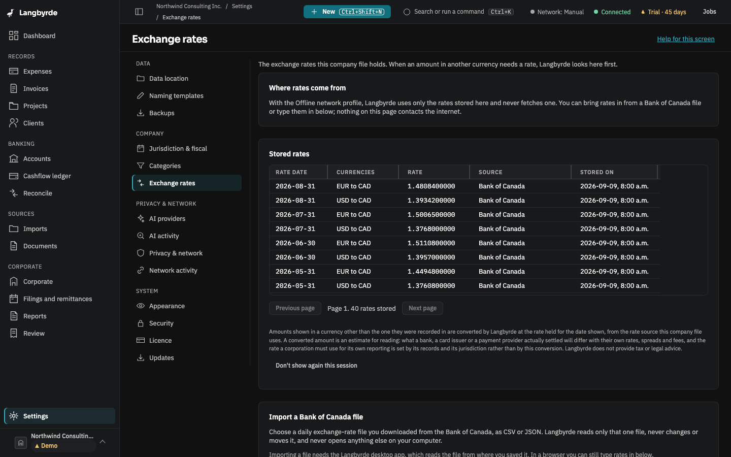 Exchange rates: where rates come from, the stored rates, and the two ways to add rates without going online